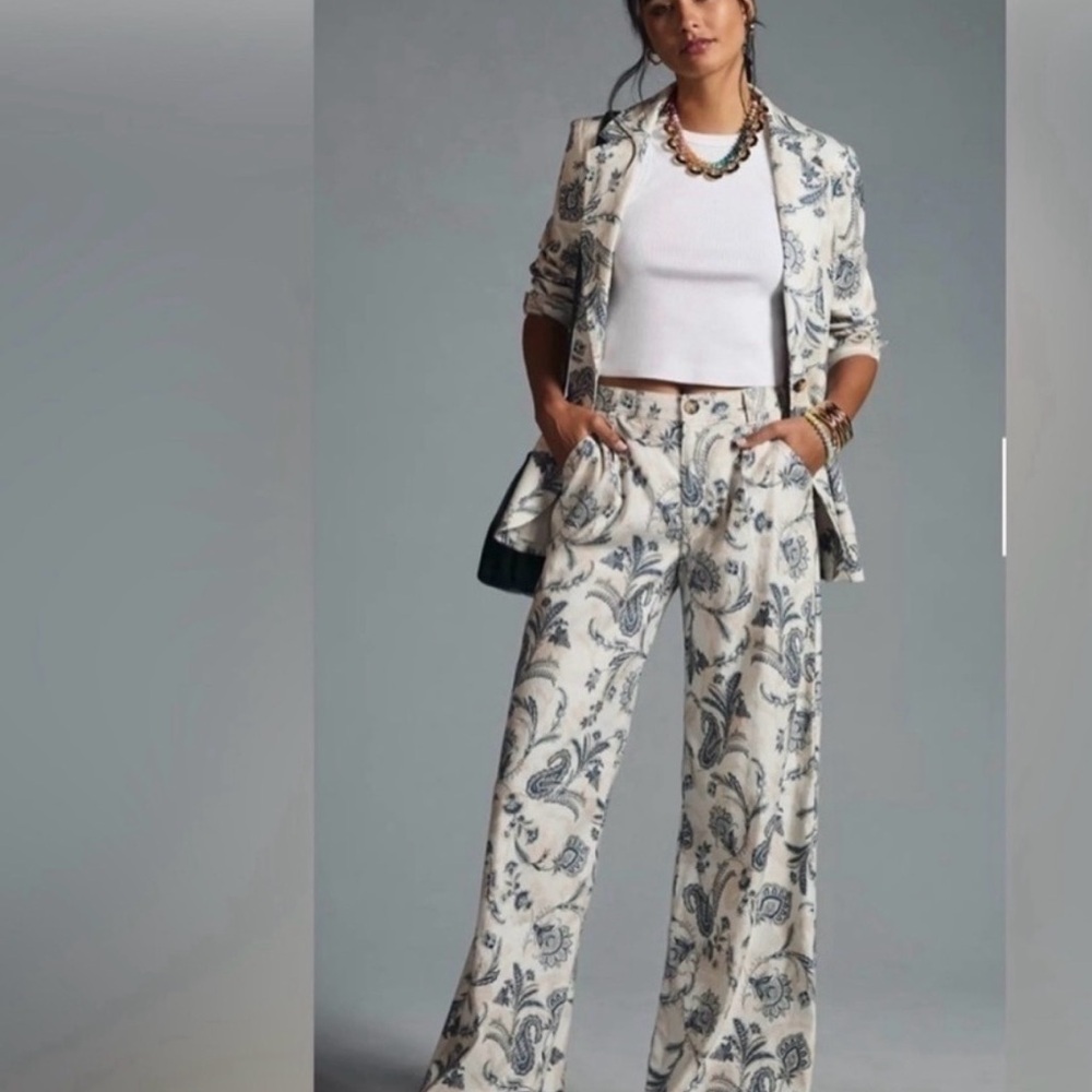Anthropologie Woven Paisley Wide-Leg Pants — White, Cream & Blue